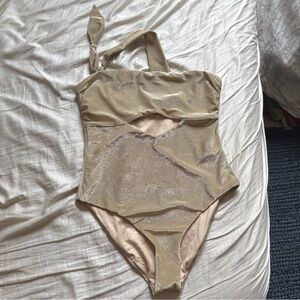 ONDADEMAR gold metallic glitter asymmetrical one piece shoulder cutout swimsuit